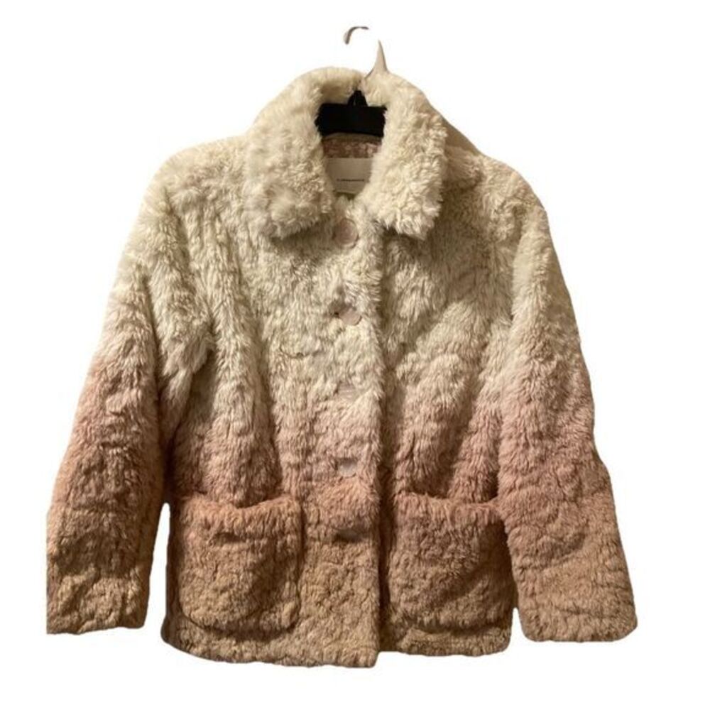 Anthropologie Ombre Faux Fur Coat Teddy Button Front Sz S Cream Pink Tan - Picture 3 of 9